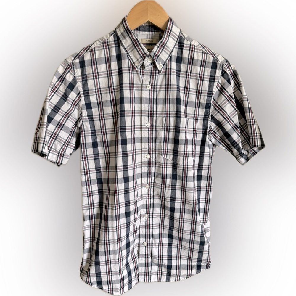 Haggar Men's Fitted Plaid Button Down short sleeve Shirt - Navy white red